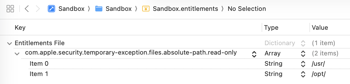 Entitlements file in Property List edit mode